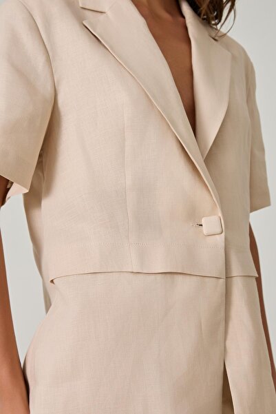 Setre Beige 100% Linen Wide Fit Short Sleeve Jacket with Button and Waist Detail