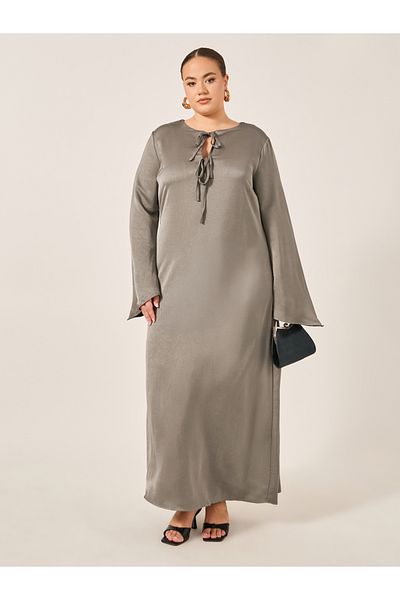 Styli Plus Size Textured Tie-Up Neck A-Line Maxi Dress