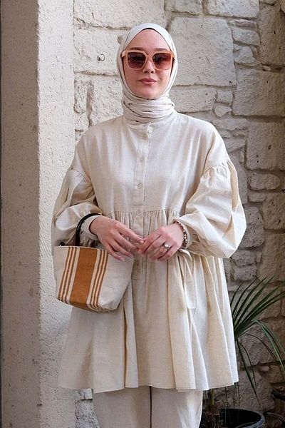 Ceylan Otantik Organic Linen Buttoned Tunic with Tie Robe
