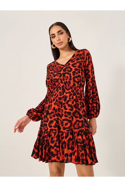 Styli Animal Print V Neck A-Line Mini Dress