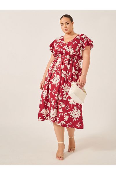 Styli Plus Size Floral Print Flared Sleeves Wrap Midi Dress