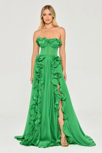 ALFABETA Alpha Beta Strapless Ruffle Double Slit Chiffon Long Evening Dress