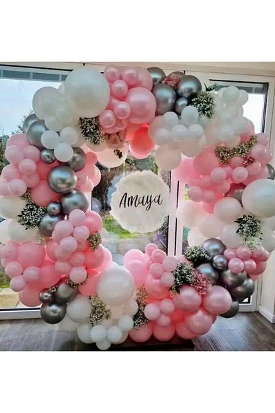 Çemrek Süs Parti Pink White Silver Chrome Balloon Chain Set of 100
