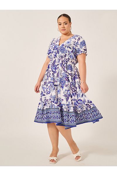 Styli Plus Size All-Over Printed Wrap Look A-Line Midi Dress