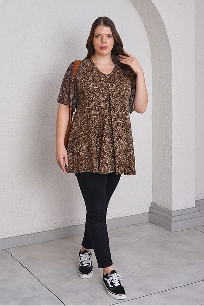 Büyük Moda Leopard Patterned Sleeves Chiffon Bluz
