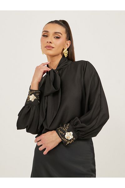 Styli Sequin Embroidered Detail Tie-Up Neck Blouse