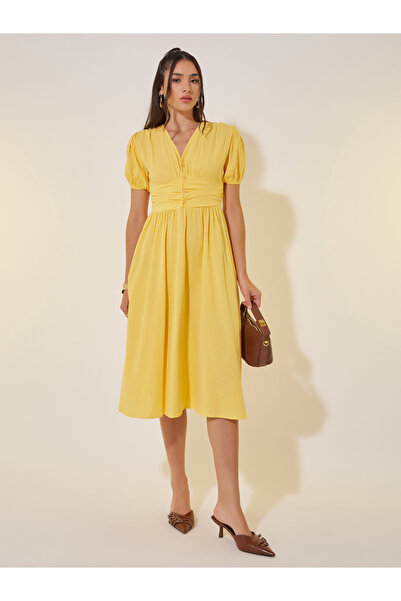 Take Two By Styli Solid Puff Sleeve V-Neck Midi Dress