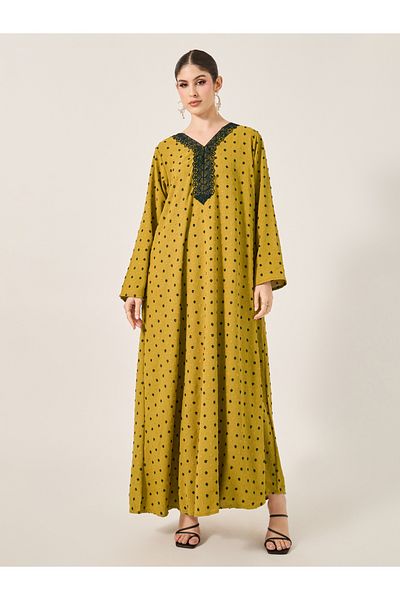 Styli Dobby Lace Detail V-Neck Belted A-Line Jalabyia