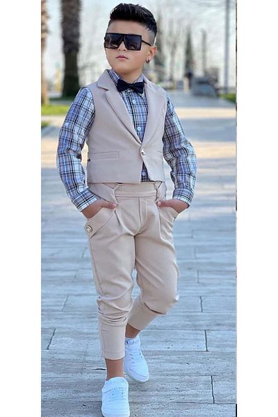 Riccotarz Boy's Silver Button Detailed Vest Bow Tie Plaid Striped Shirt Cream Bottom Top Set