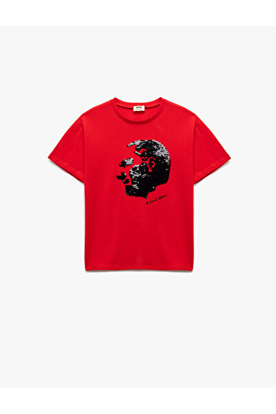 Koton Βαμβακερό μπλουζάκι με κοντό μανίκι με λαιμόκοψη με παγιέτες Ataturk