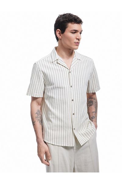 Koton Short Sleeve Regular Fit Turn-Down Collar Cotton Striped Shirt