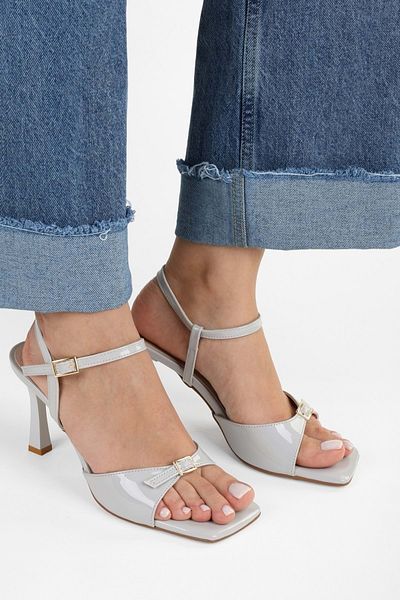 Shoeberry Women's Lucien Ice Gray Patent Leather Belt Buckle Heeled Shoes