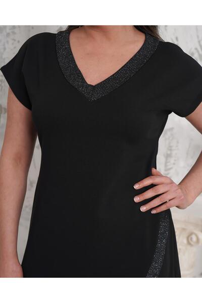 Butik Nilyam Kadın Büyük Beden Simli V Yaka ve Etek Şeritli Midi Boy Esnek Abiye Elbise 24124 Siyah