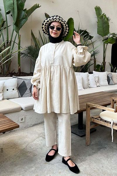 Ceylan Otantik Organic Linen Button Tie-Up Rubbed Tunic & Linen Pipe Leg Pants Set