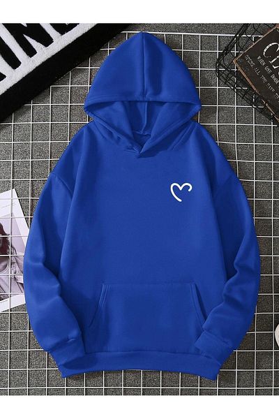 DUBU BUTİK Φούτερ Half Heart - Saks Blue Printed Oversize Hooded
