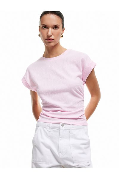 Koton Bürümcük Fabric Drape Detailed Cap Sleeve Crew Neck T-Shirt