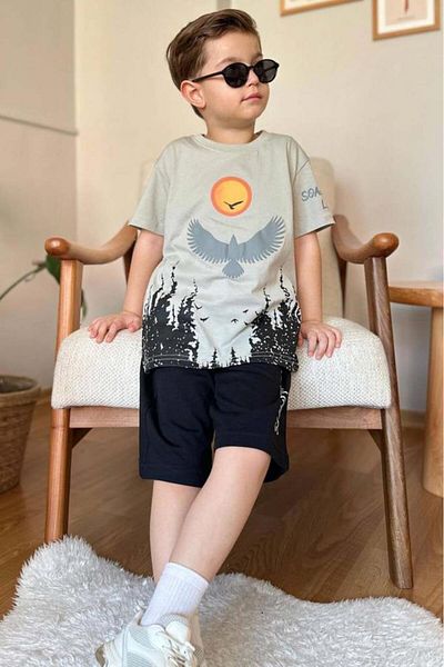 Riccotarz Boy's Tree and Sun Printed T-Shirt Text Detailed Beige Shorts Suit