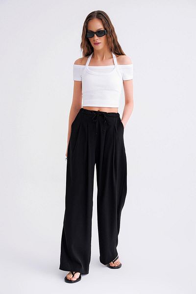 Mixray Women's Black Palazzo Pants 4681 Double Pleated Tie-Up