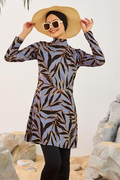 NİSAN LINGERIE Flower Branch Patterned Lycra Full Covered Hijab Swimsuit