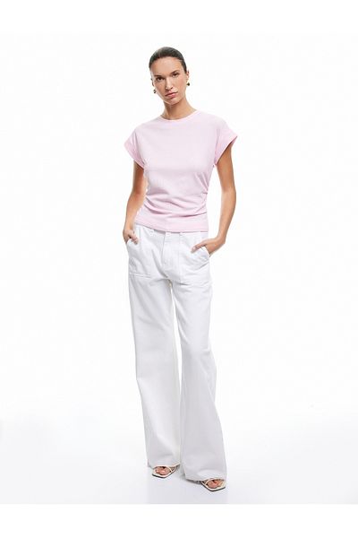 Koton Bürümcük Fabric Drape Detailed Cap Sleeve Crew Neck T-Shirt