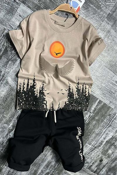 Riccotarz Boy's Tree and Sun Printed T-Shirt Text Detailed Beige Shorts Suit