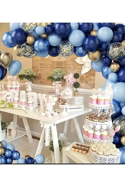 Çemrek Süs Parti Baby Circumcision Mevlüt Navy Blue Gold Chrome Transparent Sequin Blue Balloon Chain Set of 100