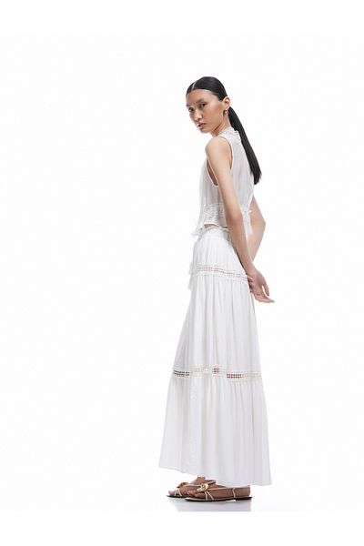 Koton Cotton Lined Scalloped Long Viscose Skirt with Lacing Detail