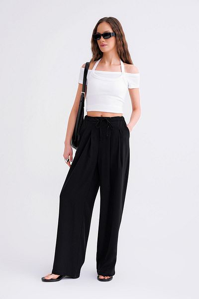 Mixray Women's Black Palazzo Pants 4681 Double Pleated Tie-Up