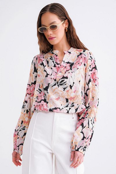 Mixray 4649 Γυναικείος γιακάς Judge Floral μοτίβο μπλούζα με κορδόνι ροζ