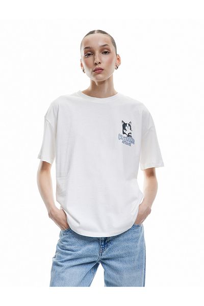 Koton Short Sleeve Crew Neck Cotton Cat Printed Oversize T-Shirt