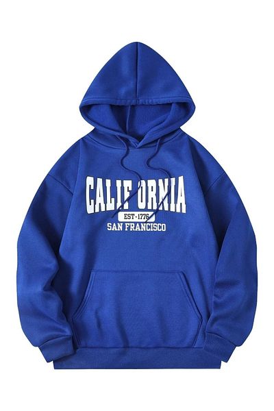 DUBU BUTİK Calif Ornia 1776 Sweatshirt - Sax Blue Printed Oversize Hoodie