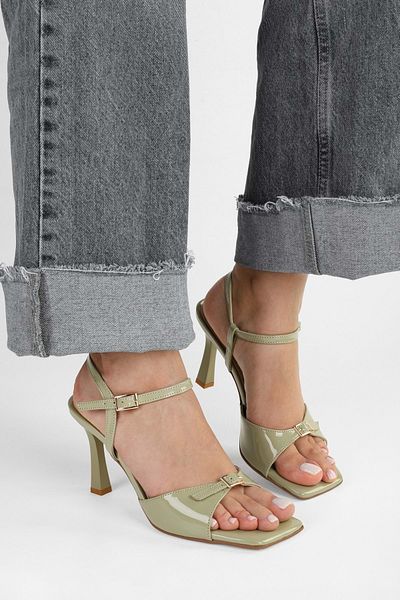 Shoeberry Women's Lucien Oil Green Patent Leather Belt Buckle Heeled Shoes
