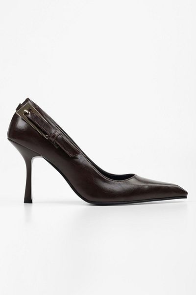 Shoeberry Women's Myra Bitter Brown Patent Leather Belt Buckle Stiletto