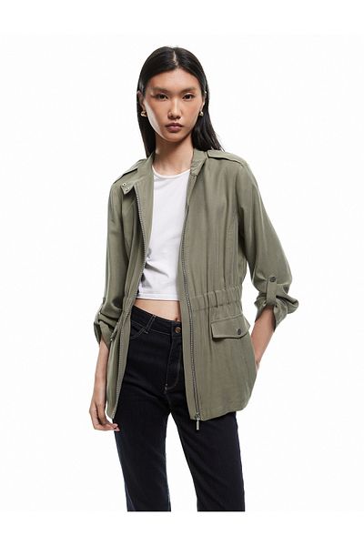Koton Viscose Long Sleeve Pocket Zippered Stand Collar Short Trench Coat
