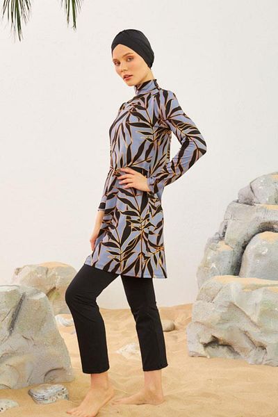 NİSAN LINGERIE Flower Branch Patterned Lycra Full Covered Hijab Swimsuit