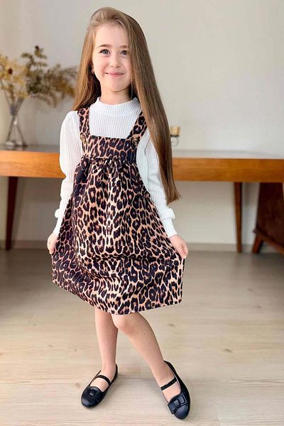 Riccotarz Girl's Stand-Up Collar Corded Sweater Suspender Leopard Patterned Salopet Set