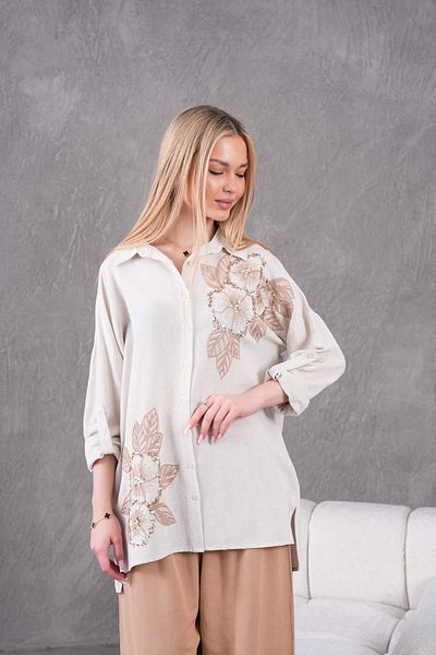 MVStore Women's Floral Patterned Embroidered Linen Shirt and Trousers