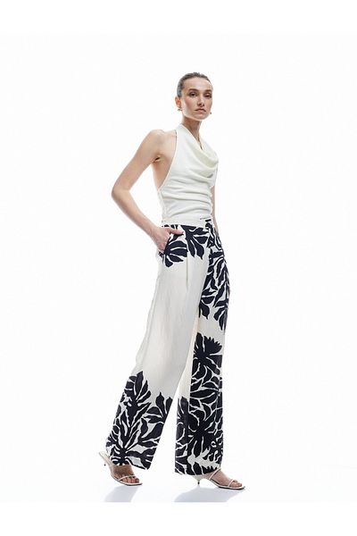 Koton Viscose Fabric Wide Leg Floral Palazzo Trousers with Pockets