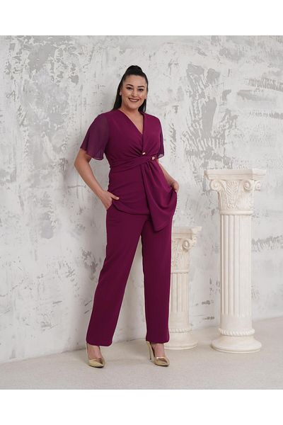 Butik Nilyam Set de pantaloni pentru femei de mărime mare, cu rever dublu, cu mâneci din șifon, cu detaliu cu nasturi, bluză cu talie elastică 24724