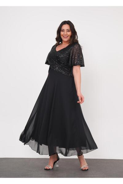 Butik Nilyam Women's Plus Size V Neck Top Sequin Draped Detail Long Chiffon Evening Dress 24715