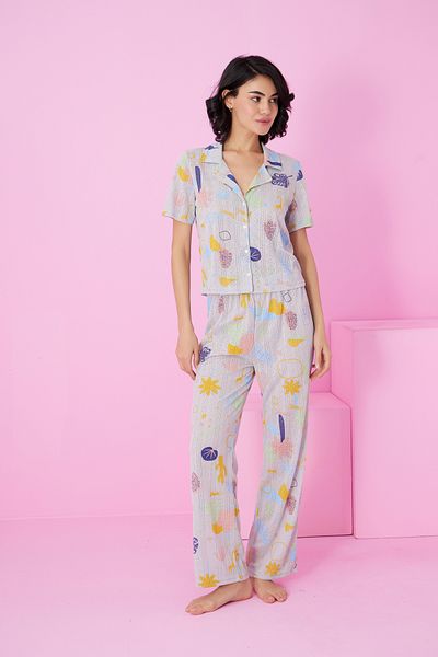 Siyah İnci Gray Colored Patterned Pointel Openwork/Hole Shirt Collar Knitted Button Pajama Suit