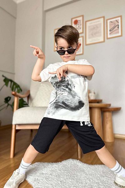 Riccotarz Boy's Wolf and Free Wolf Text Printed Black Shorts Suit