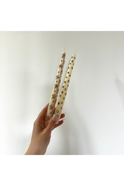 inrobert 2 li Krem Renk Gold İncili Mum Seti