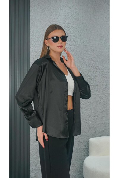 Neva Wear Дамска черна сатенена блуза с драперии