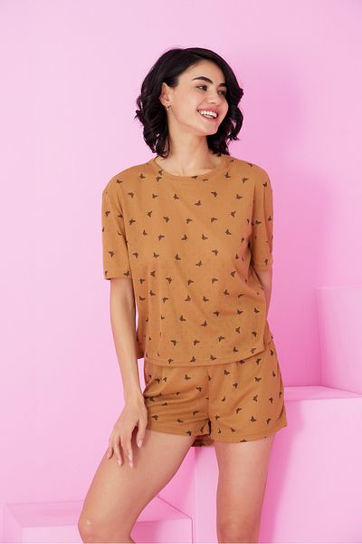 Siyah İnci Coffee Butterfly Pattern Pointel Openwork/Hole Crew Neck Knitted Shorts Set