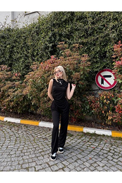 Siyah Bisiklet Yaka Asimetrik İkili Takım