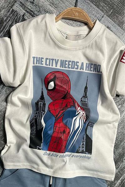 Riccotarz Set de tricou cu imprimeu cu caractere și text Spiderman pentru băiat, cu detaliu de frânghie, pantaloni scurți albaștri