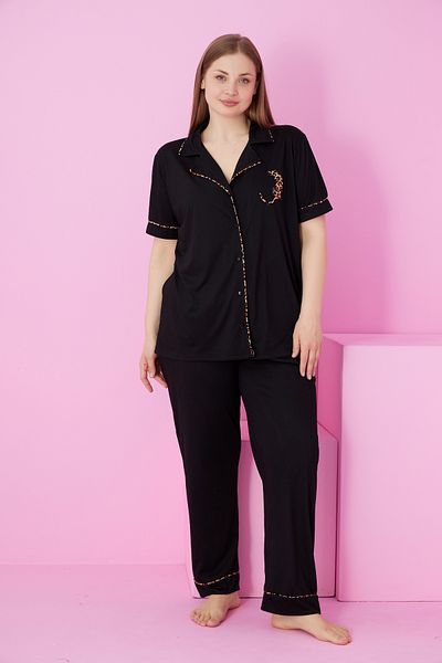 Siyah İnci Set PJ oversize cu nasturi brodat cu leopard negru