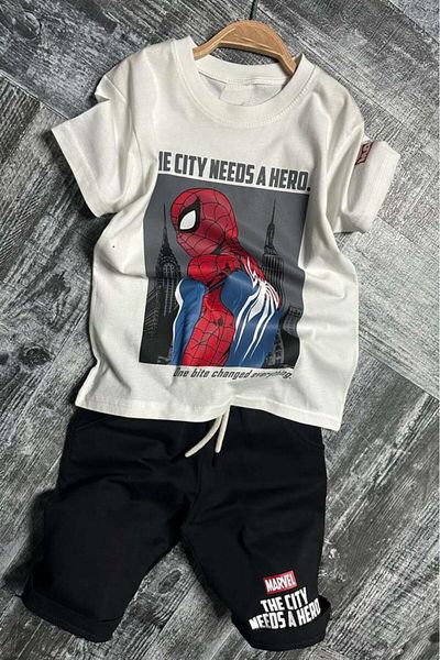 Riccotarz Boy's Spiderman Character and Text Printed T-Shirt Rope Detailed Black Shorts Suit