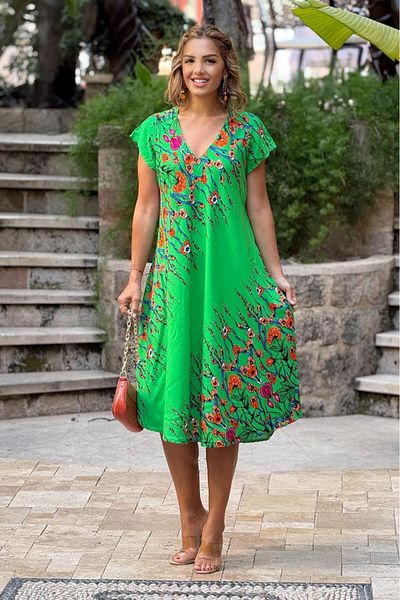 Nevin Kaya Moda Φόρεμα Afitap με σχέδιο τριαντάφυλλο Emerald Green Fountain